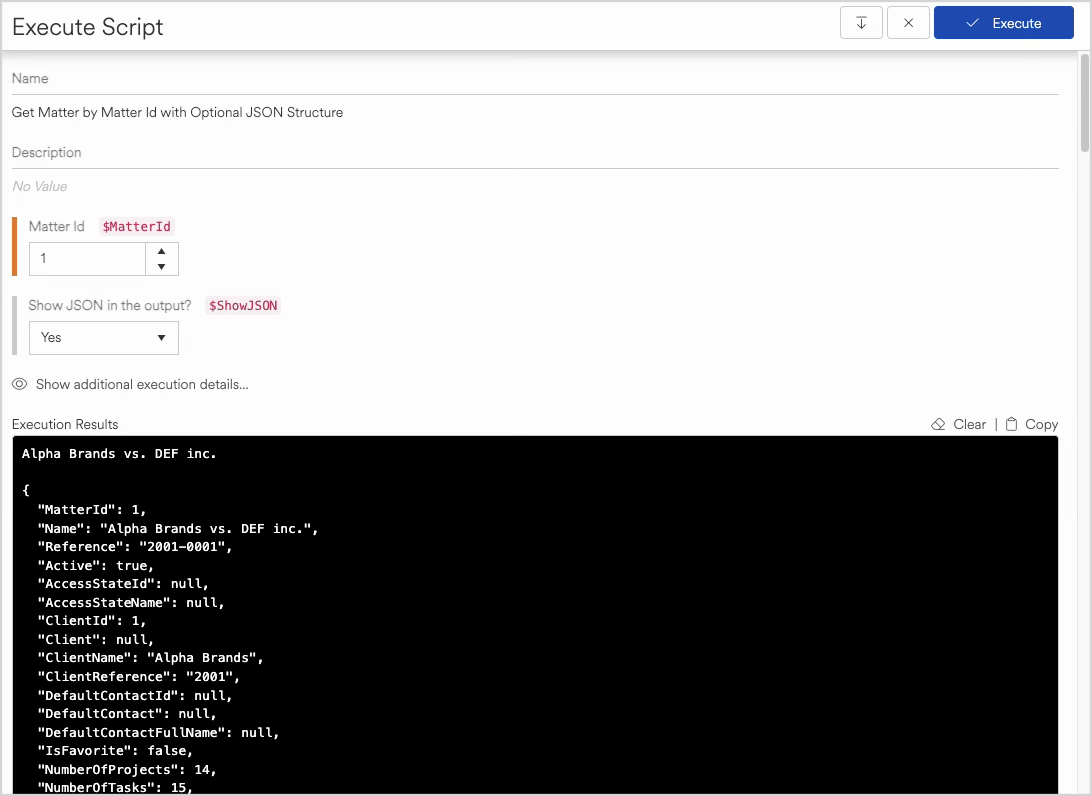 Execution script displaying results for Alpha Brands vs. DEF inc. matter details.